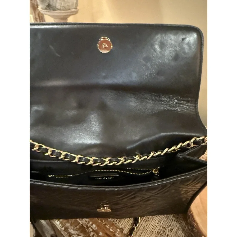 Tory Burch Fleming Black Leather Convertible Shoulder‎ Bag Quilted Tassel Large